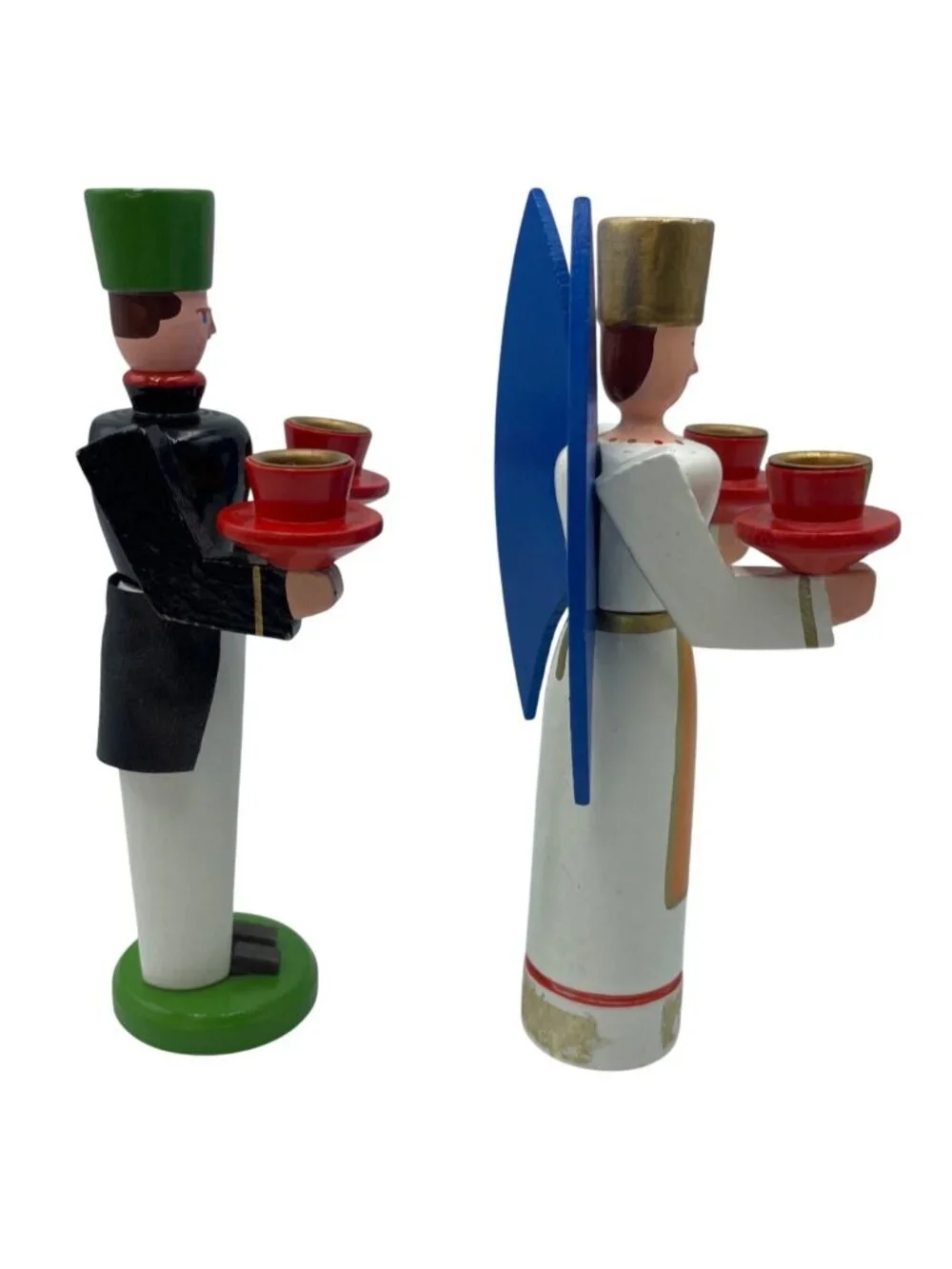 Vintage German Wooden Angel & Miner Candle Holders Hand-Painted Christmas Decor